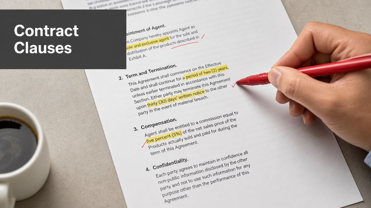 A hand holding a red marker highlights key contract clauses on a printed document on a desk.