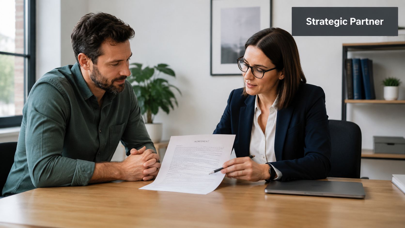 A professional lawyer explaining a formal contract to a male client in a bright, modern office setting.