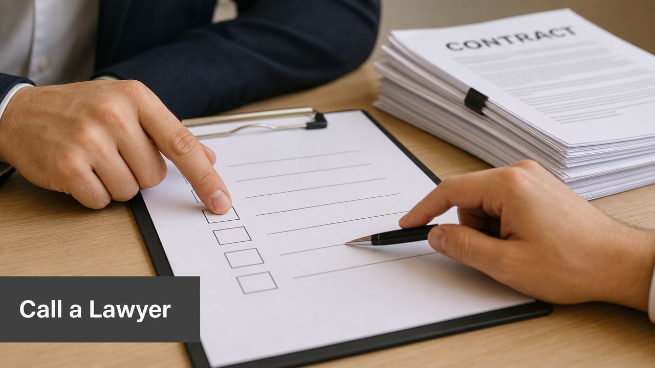 A professional pointing at a checklist on a document while another person holds a pen nearby.