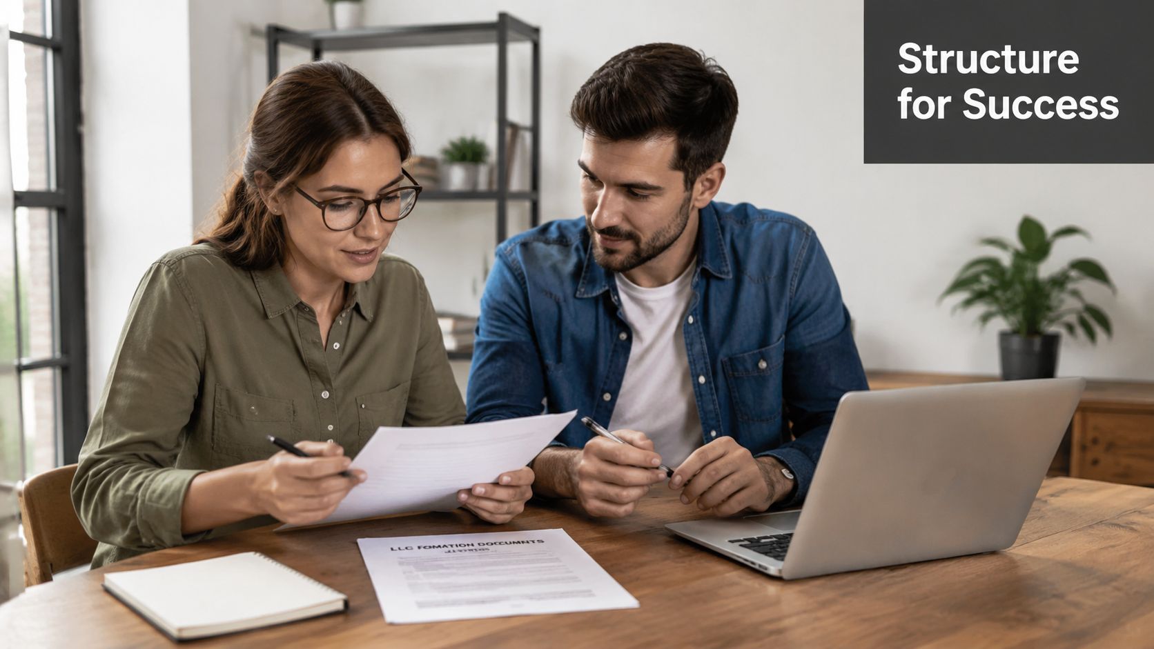 A professional man and woman collaborating on LLC formation documents while working at a wooden office desk.