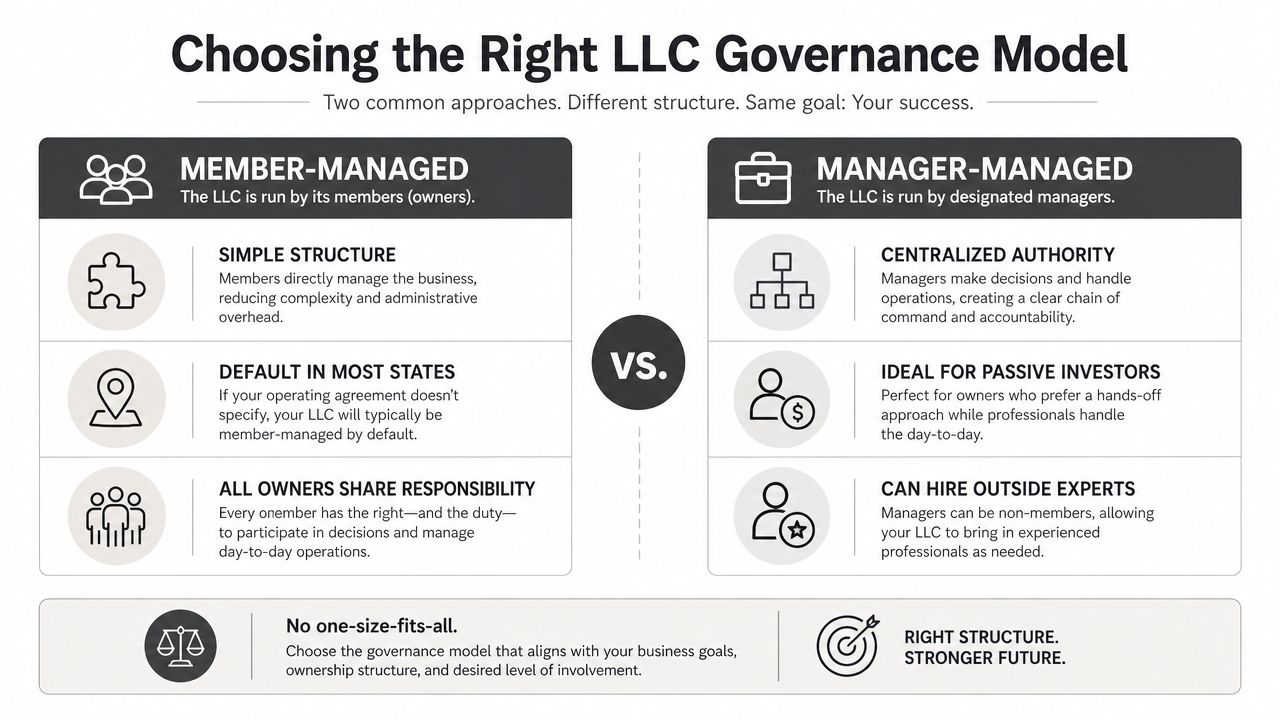 A comparison infographic between member-managed and manager-managed LLC governance models, highlighting key differences and business structural benefits.