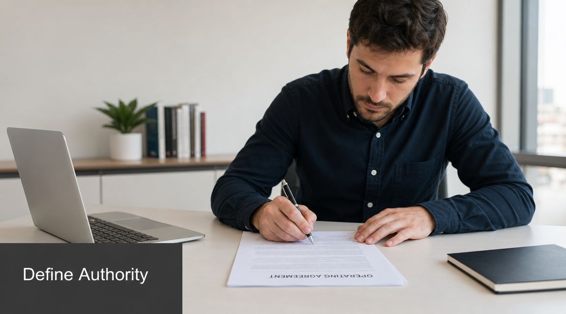 A professional man signing an operating agreement document while sitting at his desk in an office.