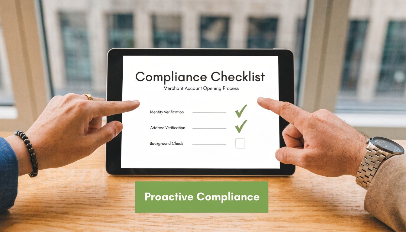 A digital tablet displaying a merchant account opening compliance checklist with completed and pending tasks.