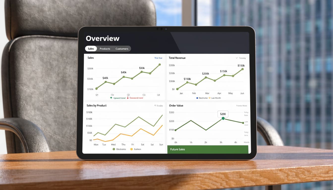 A digital tablet displaying business performance charts and analytical dashboards on a wooden office desk.