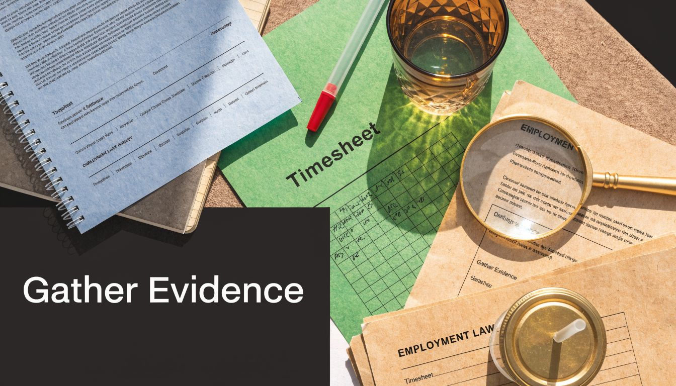 A top-down view of documents related to employment law and timesheets with a magnifying glass.