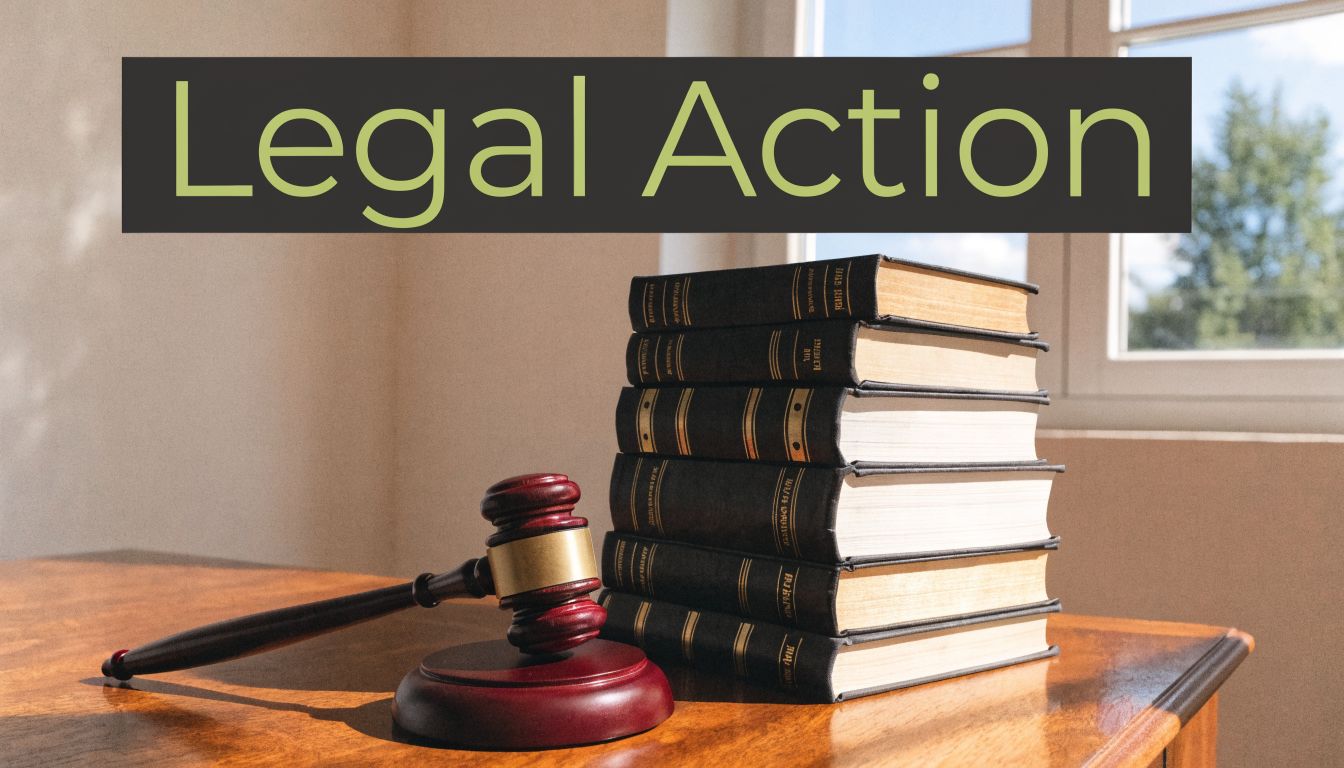 A wooden gavel resting on a table beside a stack of law books with text overlay reading Legal Action.