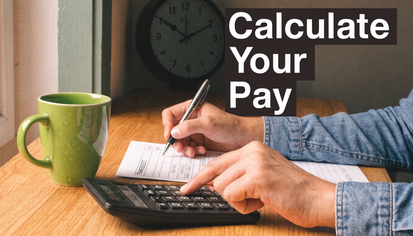A person calculating their pay while using a calculator and pen at a wooden office desk.