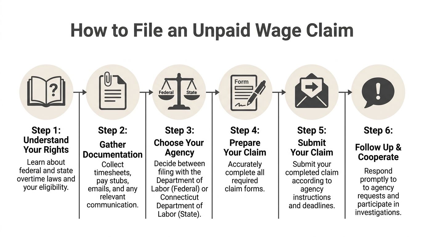 A six-step infographic guide on how to file an unpaid wage claim for employees.