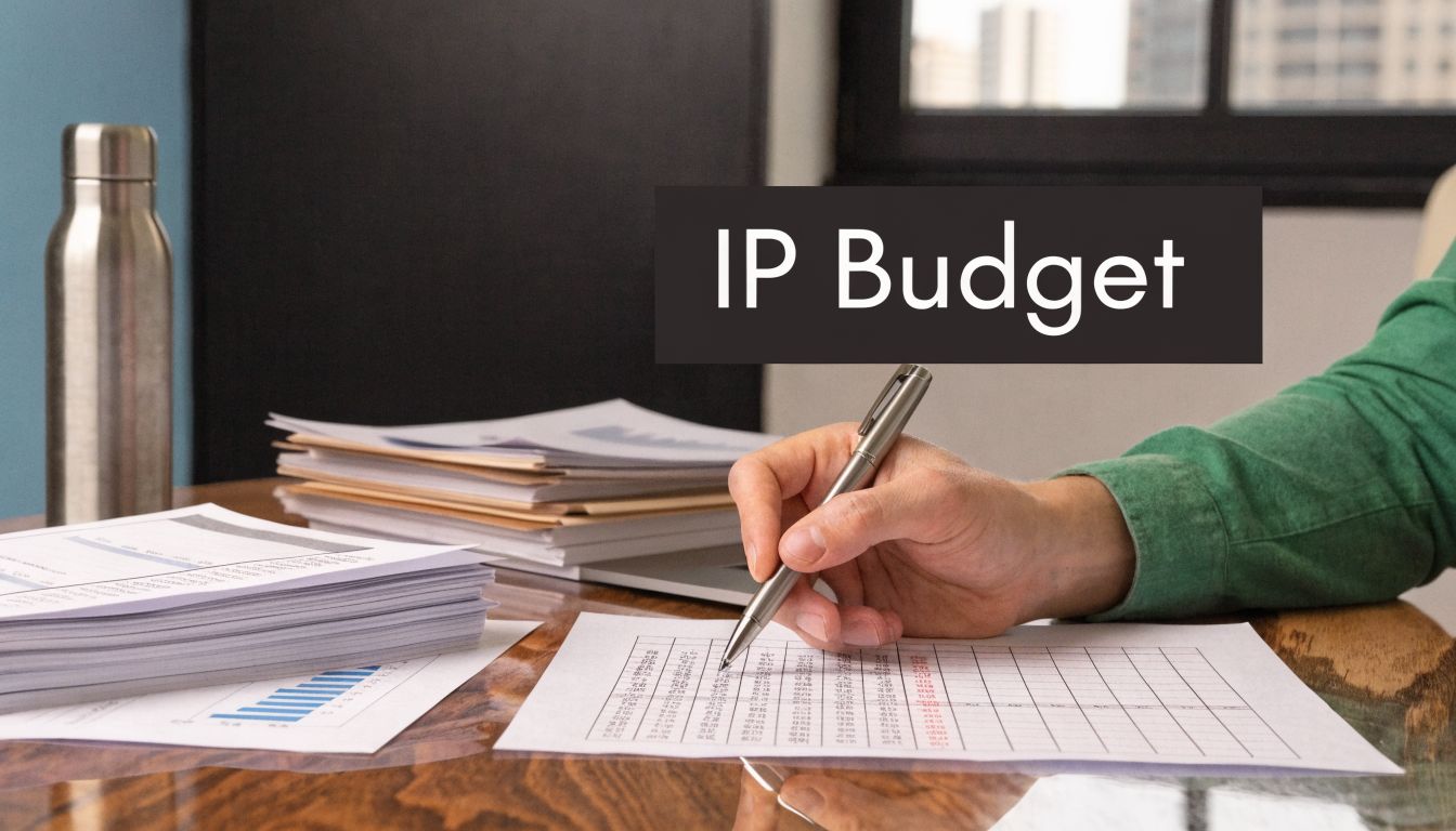 A person writing on a budget spreadsheet with the text IP Budget overlaid in the background.