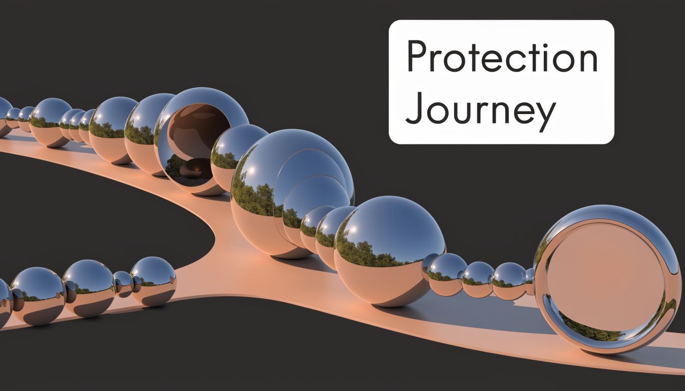 A conceptual path of metallic spheres leading to a larger frame, representing a protective journey.