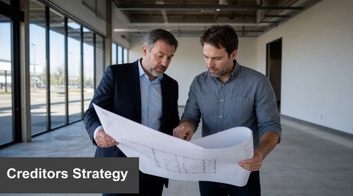 Two professionals in an empty office space reviewing architectural blueprints for a new construction project.