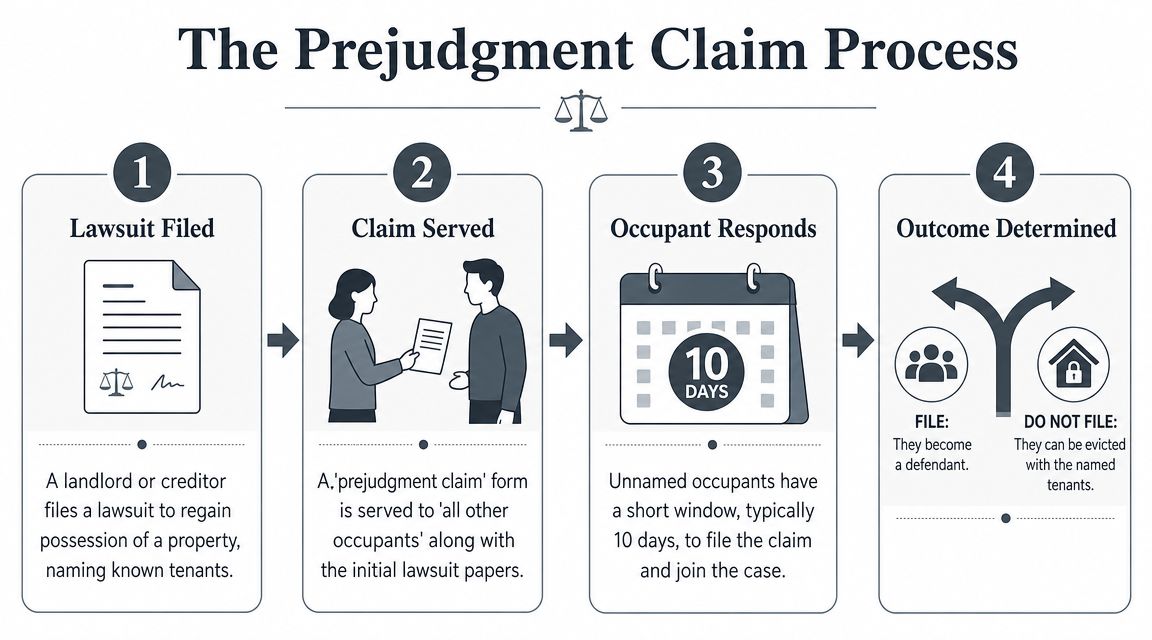 An infographic titled The Prejudgment Claim Process illustrating four steps for serving legal notice to property occupants.