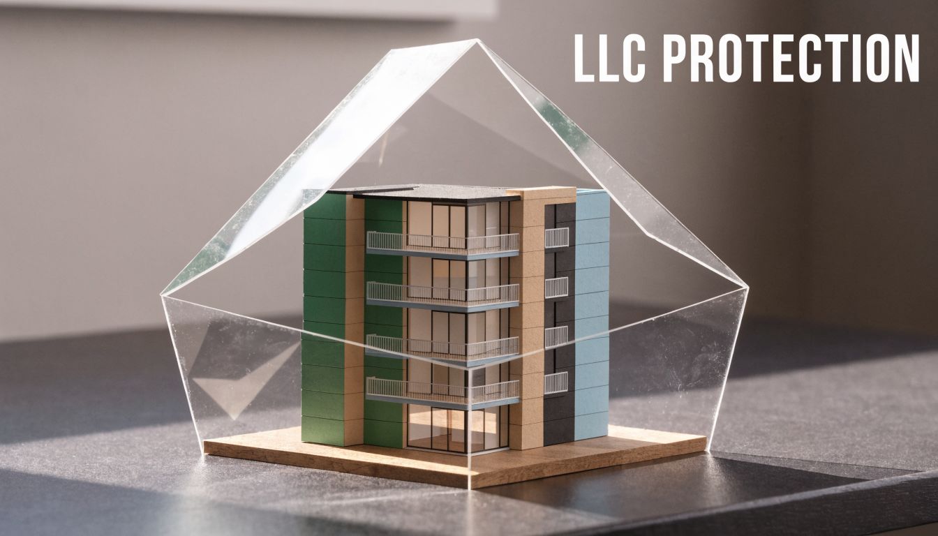 A miniature apartment building model enclosed under a protective clear plastic cover on a wooden base.
