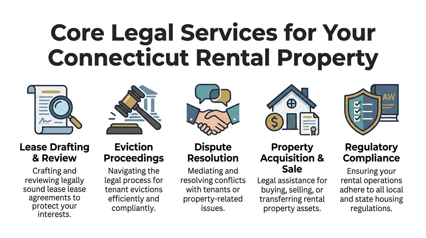 A list of five essential legal services for Connecticut rental property owners including lease drafting and eviction support.