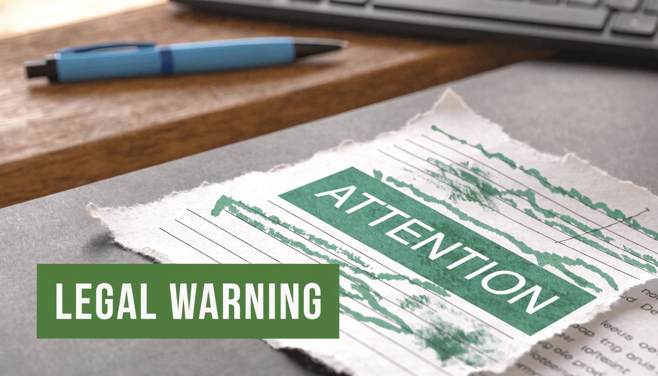 A close-up view of a document with a prominent legal warning and attention sign on a desk.
