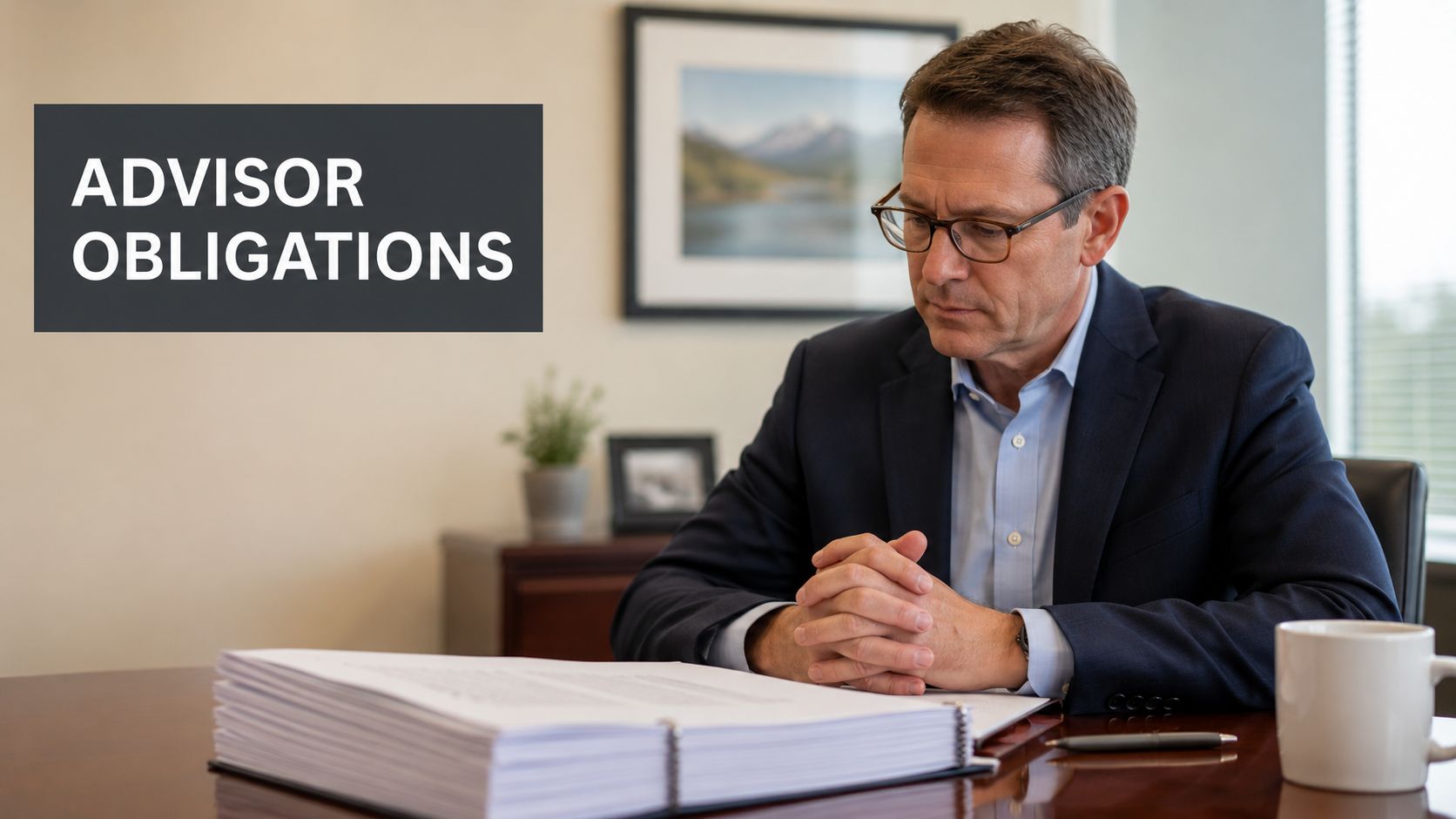 A professional financial advisor sitting at an office desk looking at a stack of important documents.