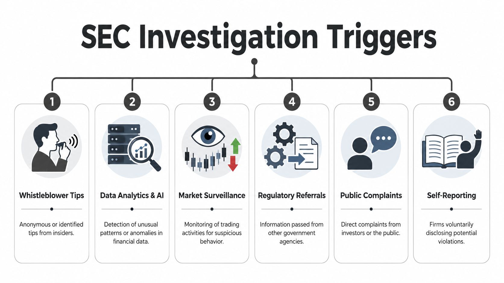 A diagram outlining the six primary triggers for Securities and Exchange Commission investigations and enforcement actions.