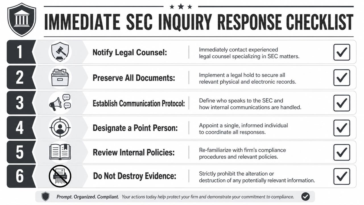 A six-step infographic checklist for businesses responding to an inquiry from the Securities and Exchange Commission.