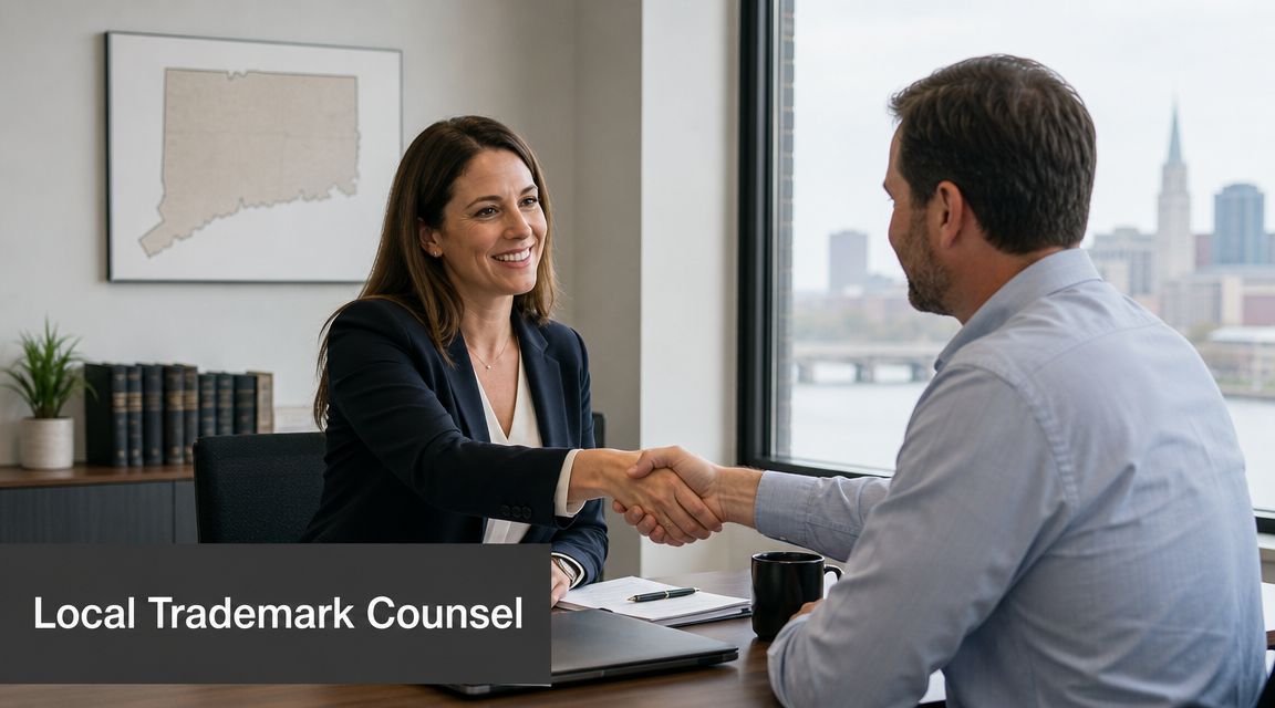 A professional trademark lawyer shaking hands with a client across a desk in a modern office.