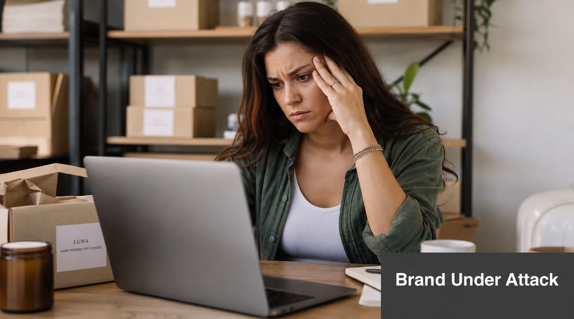 A distressed woman working on her laptop in a small business office setting.