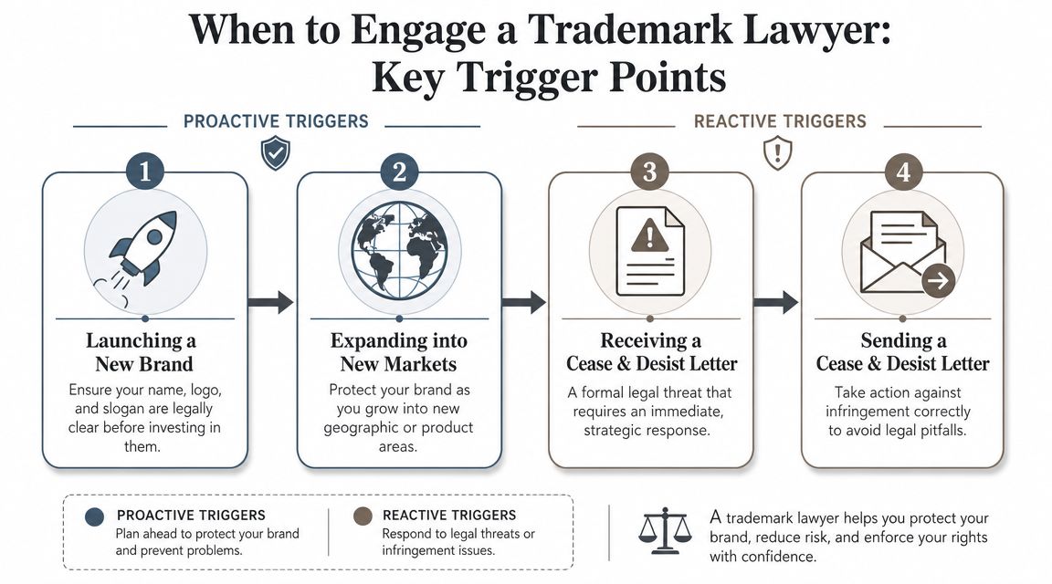 An infographic showing four key trigger points for when businesses should engage a trademark lawyer.