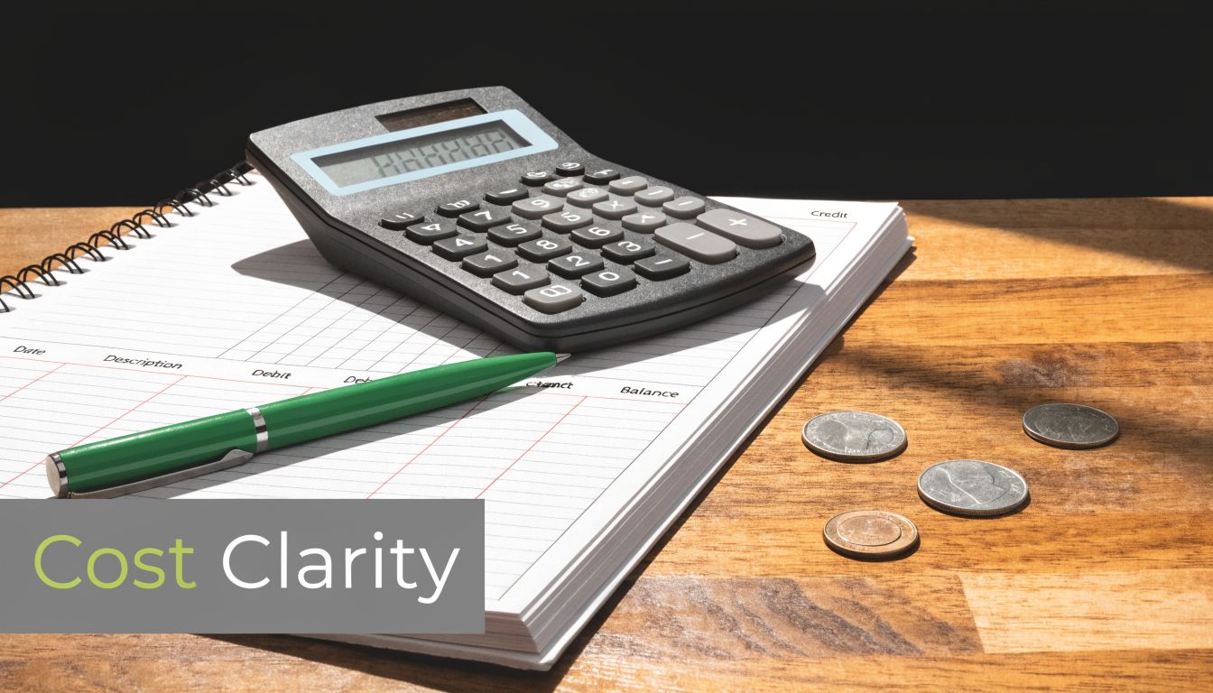 A black calculator, a green pen, and several coins on a blank financial ledger.
