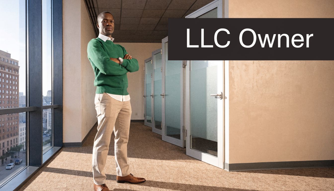 A professional man standing confidently in a modern office hallway with glass doors and city views.