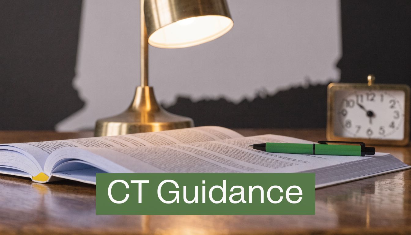 A green label saying CT Guidance sits on an open book next to a lamp and clock.