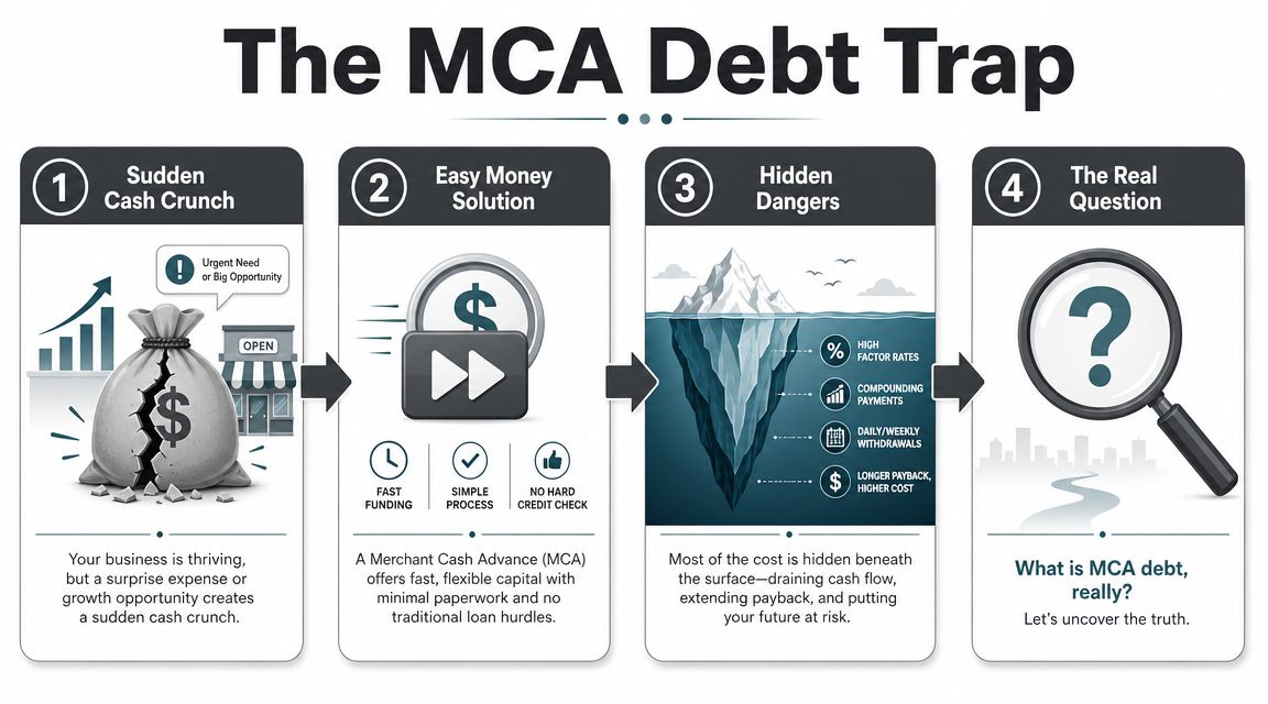 A four-step infographic illustrating the MCA debt trap, from initial cash needs to hidden financial dangers.