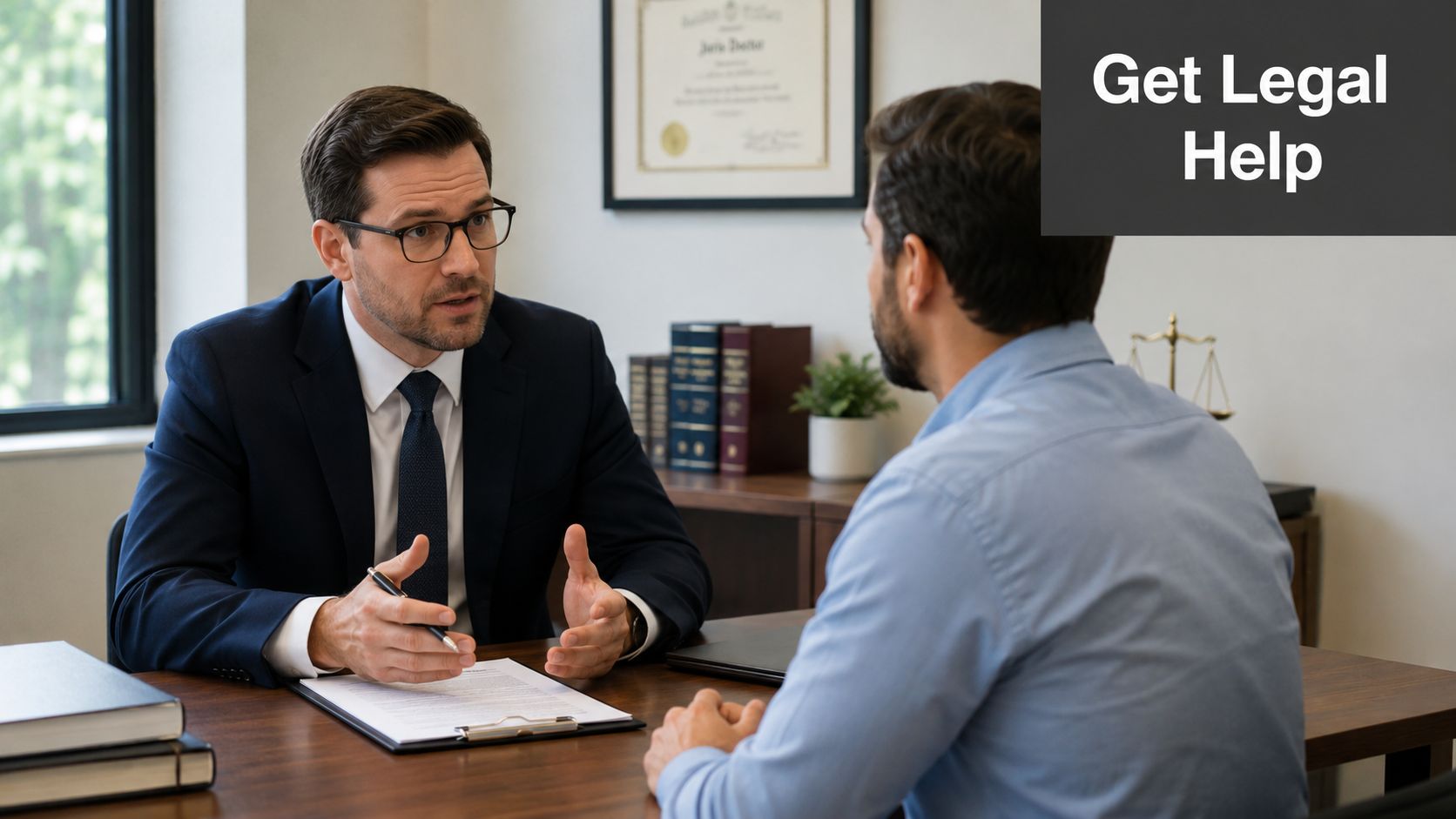 A professional lawyer in a suit discusses a legal document with a client in his office.