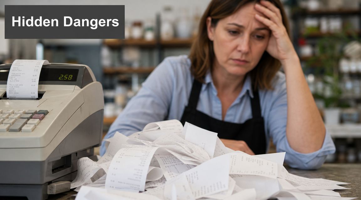 A stressed shop worker looks overwhelmed by a large pile of paper receipts at a cash register.