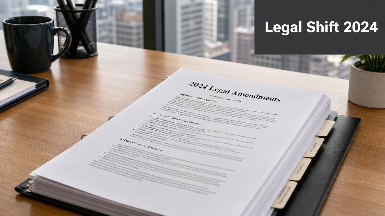 A stack of legal documents titled 2024 Legal Amendments resting on an organized wooden office desk.