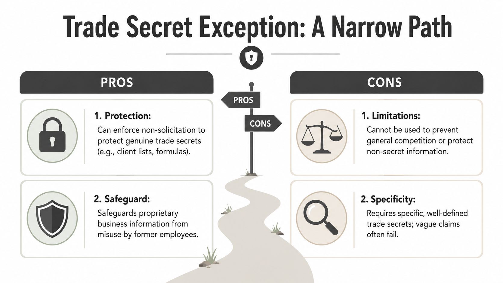 A visual comparison infographic outlining the advantages and disadvantages of the trade secret exception in law.