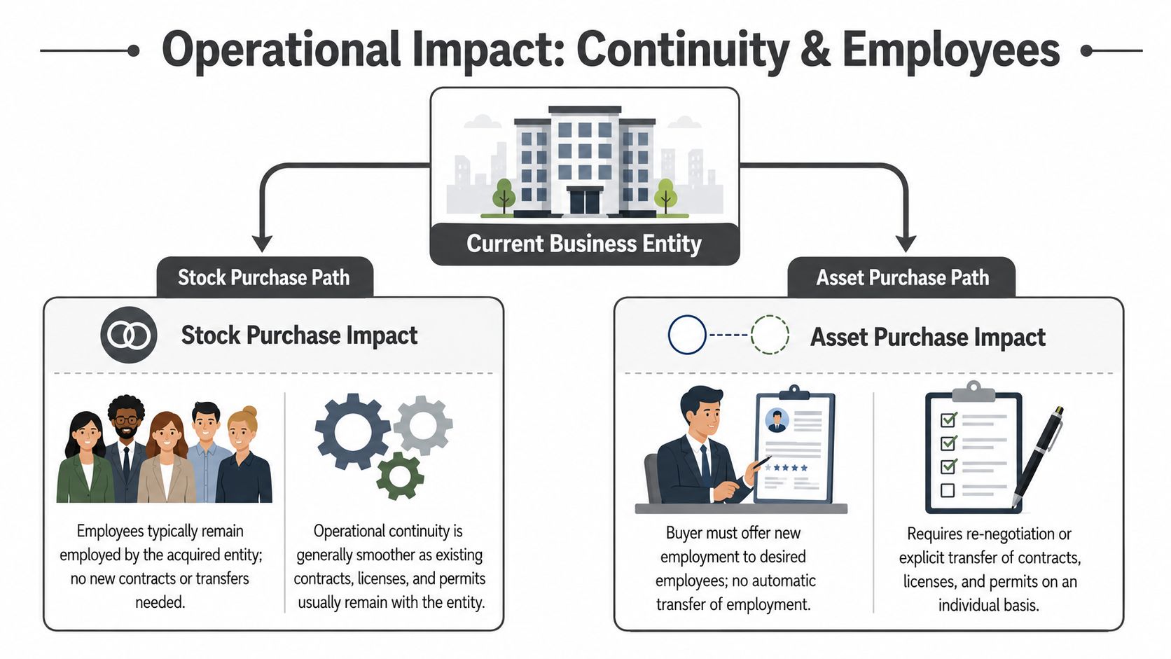A diagram comparing operational impact, employee continuity, and business transfers between stock purchase and asset purchase paths.