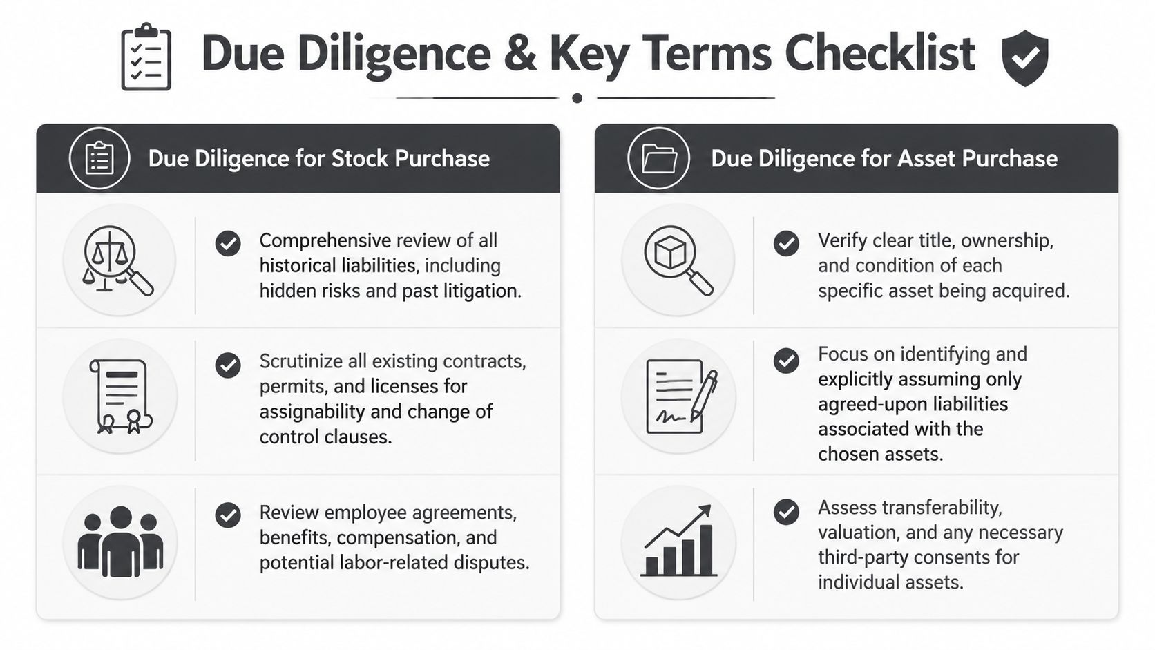 A comparison chart outlining key due diligence considerations for stock purchase versus asset purchase business transactions.