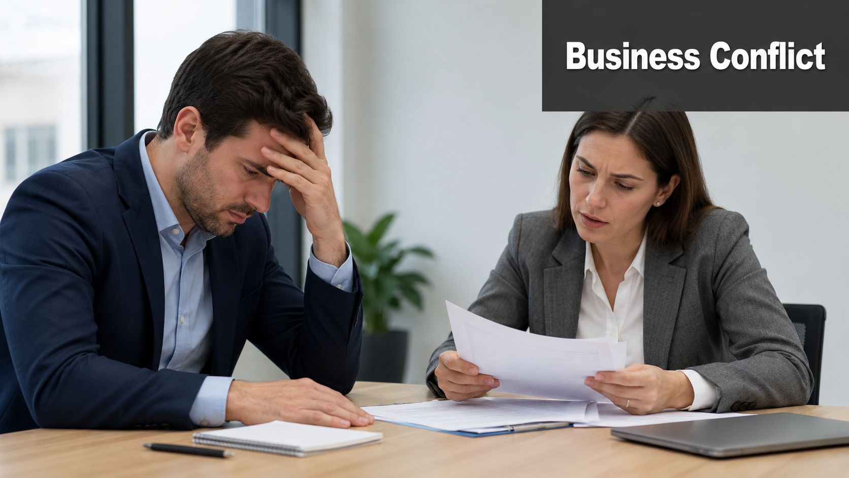 A professional man and woman looking stressed while reviewing important documents at an office desk.