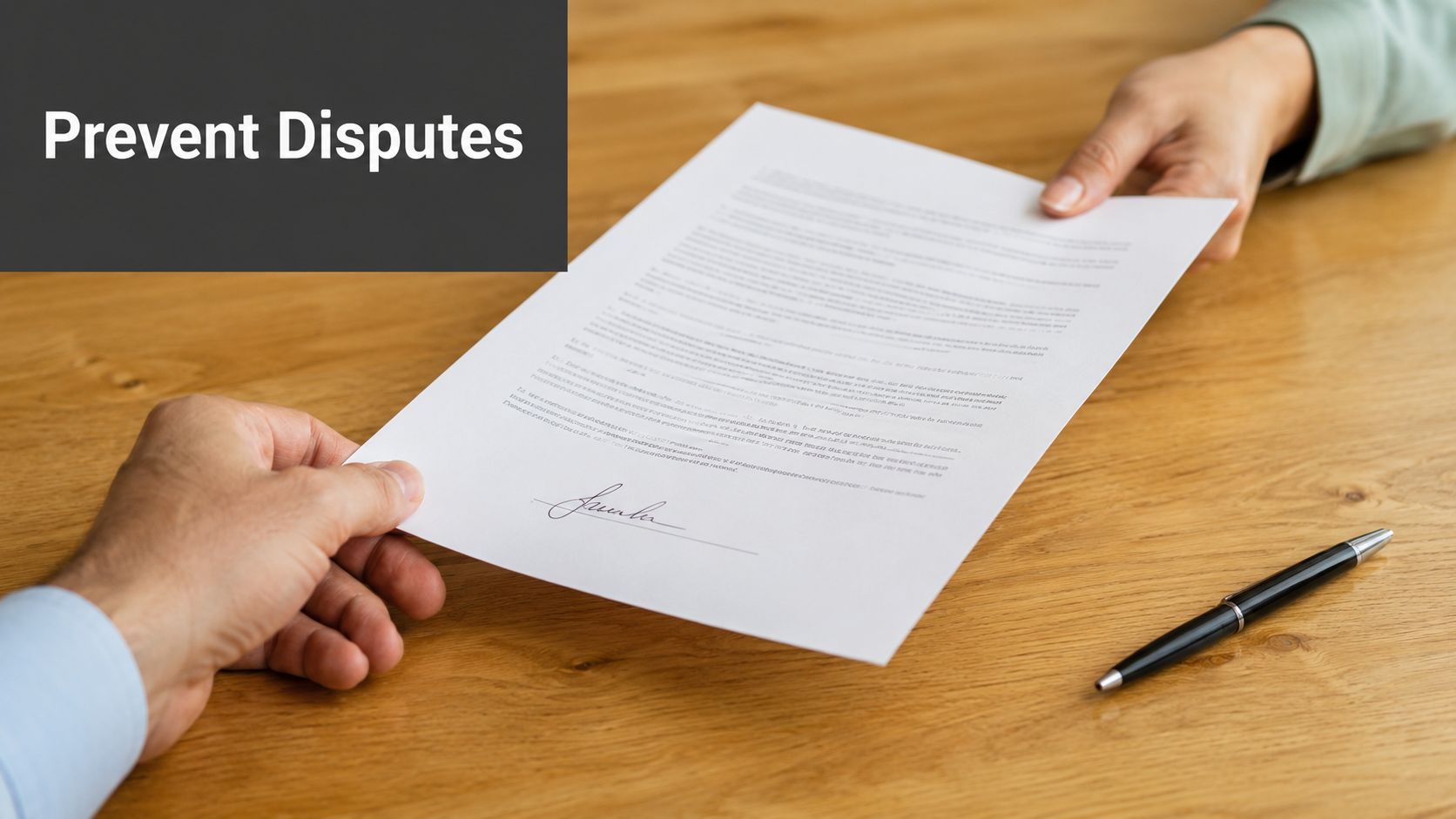 A person handing a signed document to another person across a wooden office desk, focusing on conflict resolution.