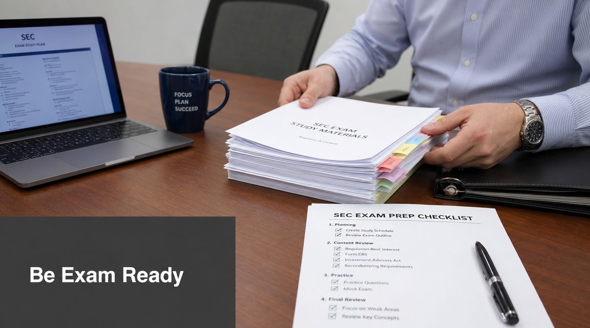 A professional preparing for the SEC exam with study materials, a checklist, and a laptop on desk.