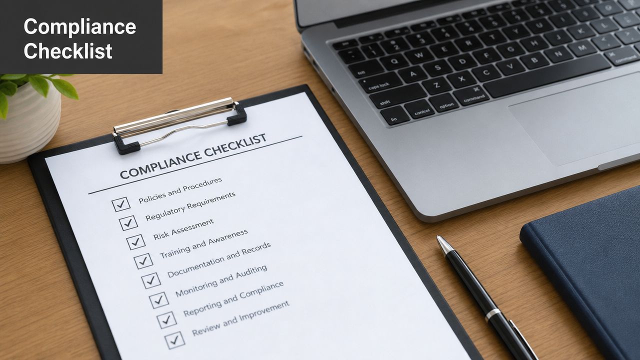 A compliance checklist on a clipboard beside a laptop, pen, and notebook on a wooden desk.