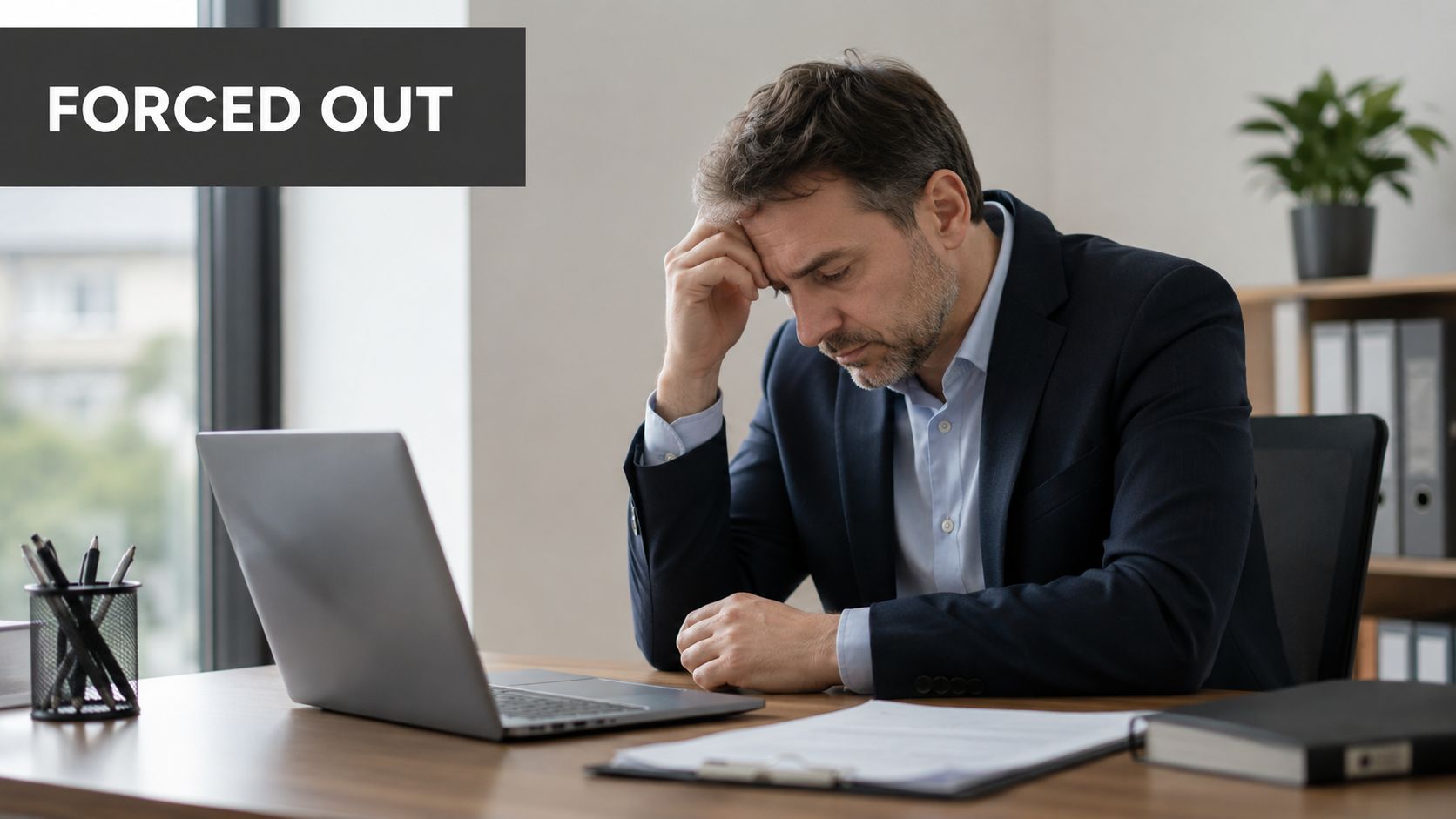 A stressed businessman sitting at a desk with a laptop and documents, feeling professional burnout or dismissal.