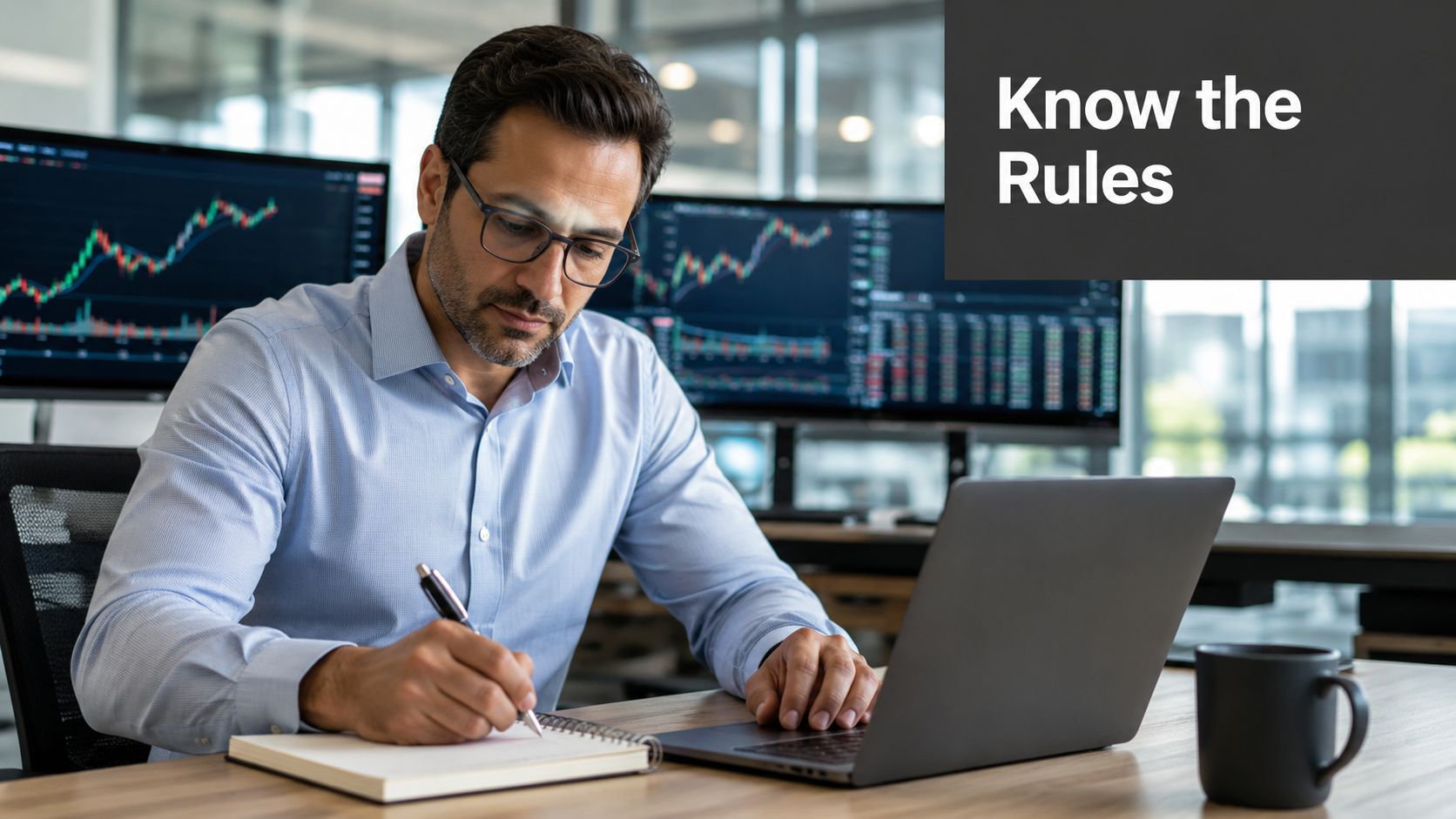 A professional stock trader analyzing financial market charts on multiple screens while writing notes in his notebook.