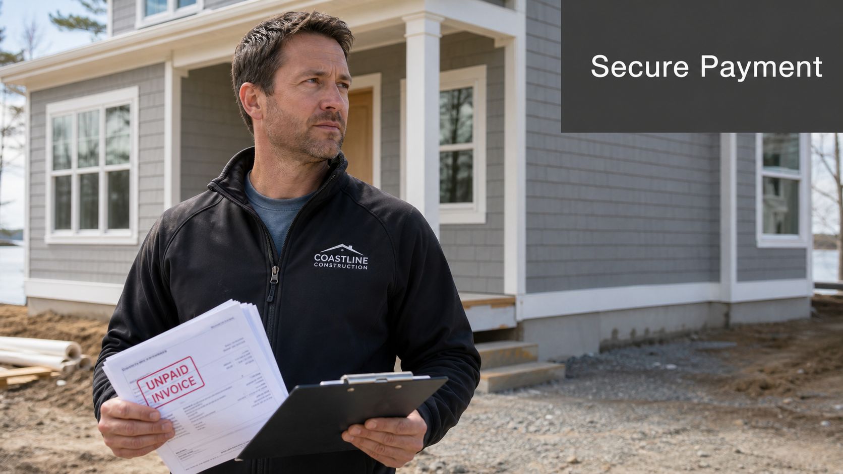 A construction professional holds an unpaid invoice document while standing in front of a new house.