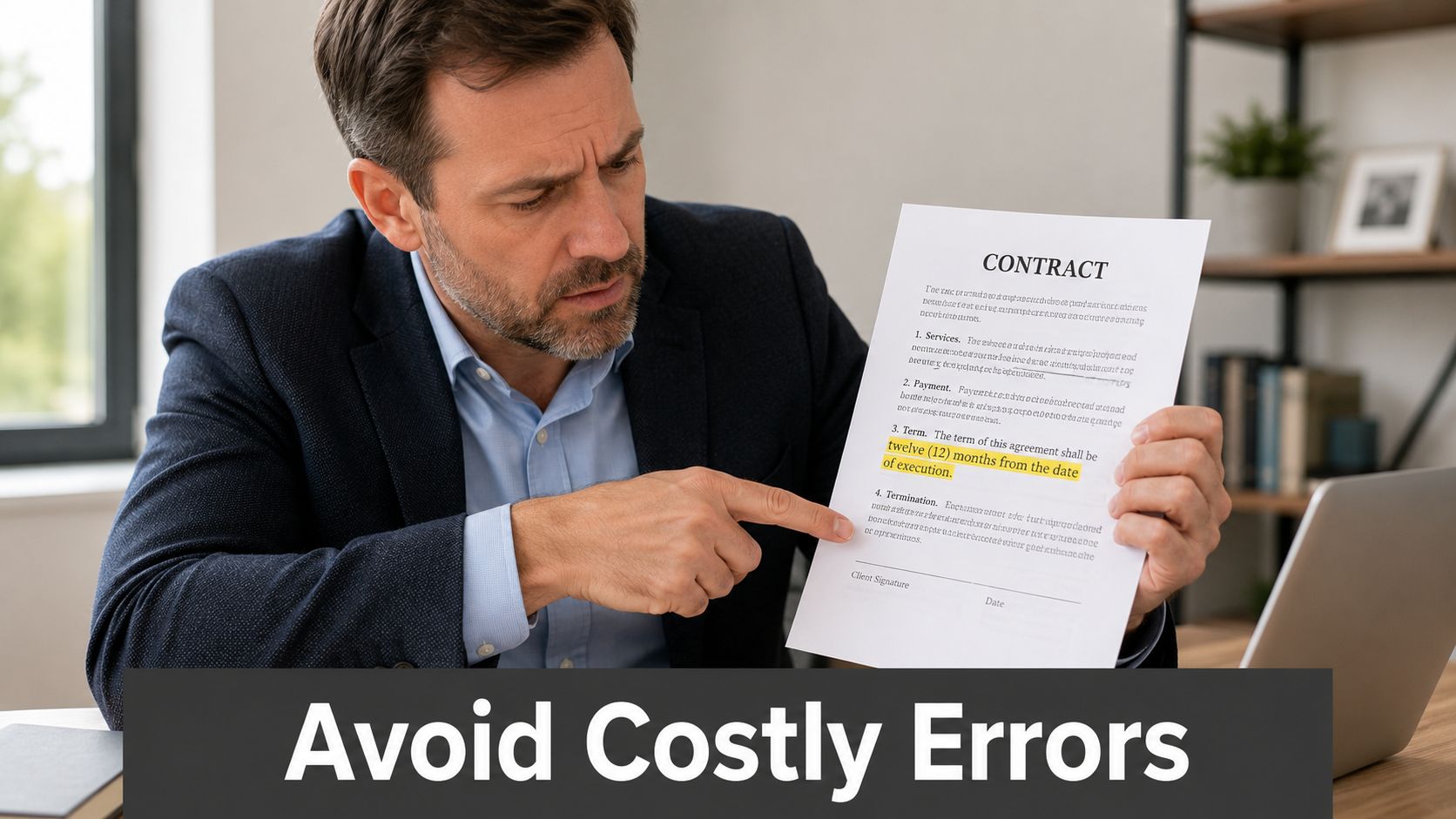 A concerned professional holding a contract document while pointing at the terms section to identify potential errors.