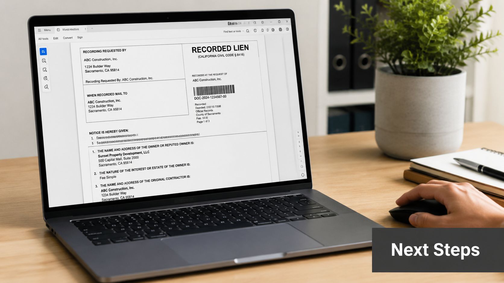 A person using a laptop to view a recorded lien document for a construction project.