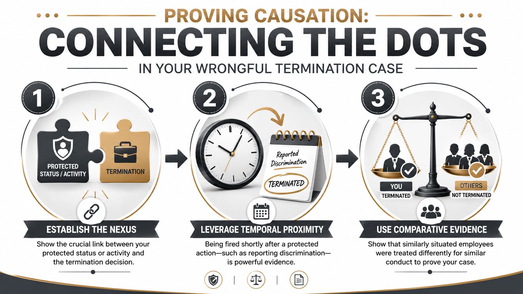 A three-step infographic on proving causation in a wrongful termination case using legal evidence strategies.