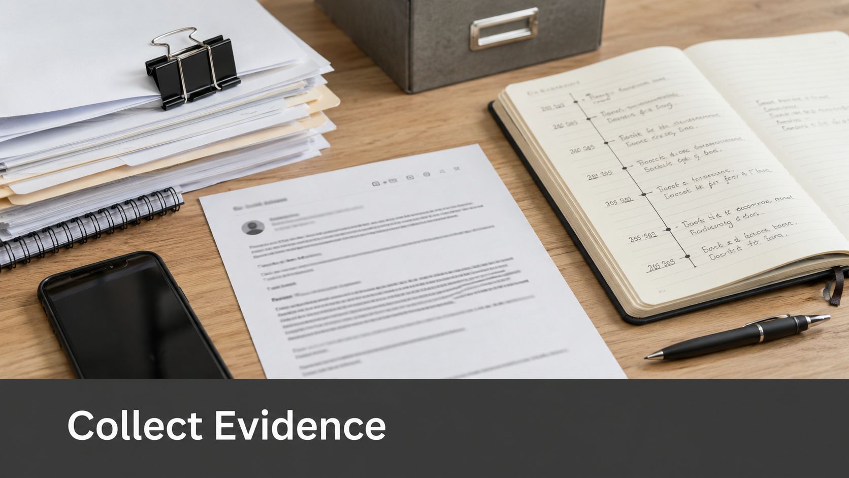 A professional desk workspace featuring a resume, notebook, smartphone, and a stack of important documents.