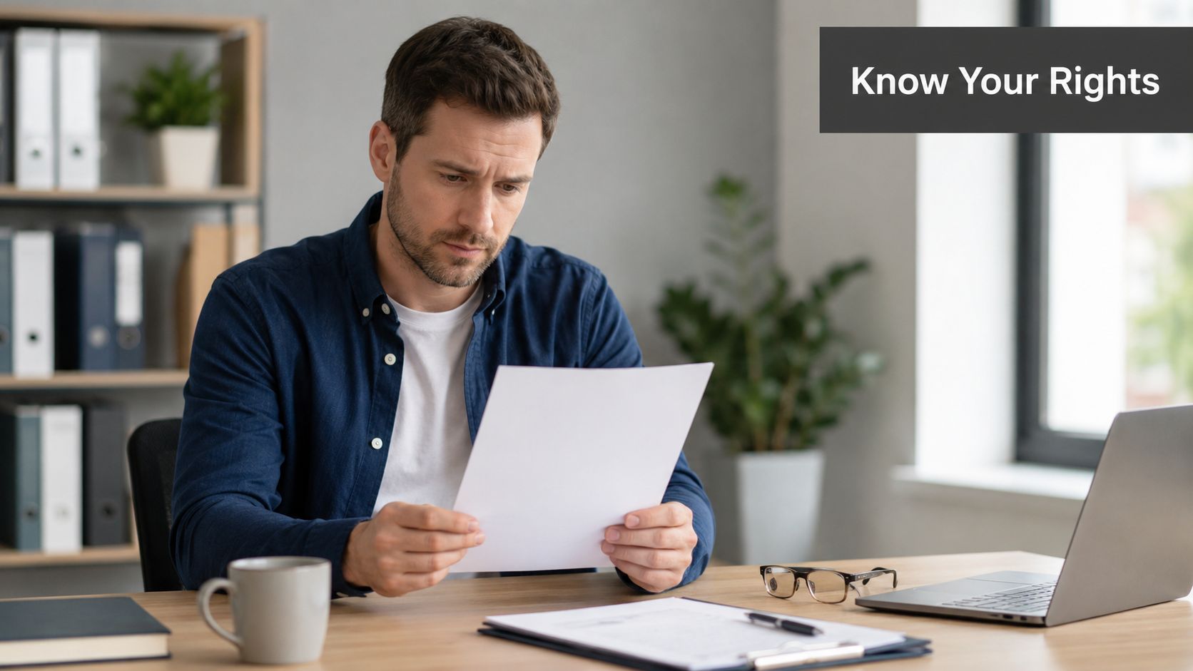 A concerned man sitting at his office desk reading an important document regarding his legal rights.