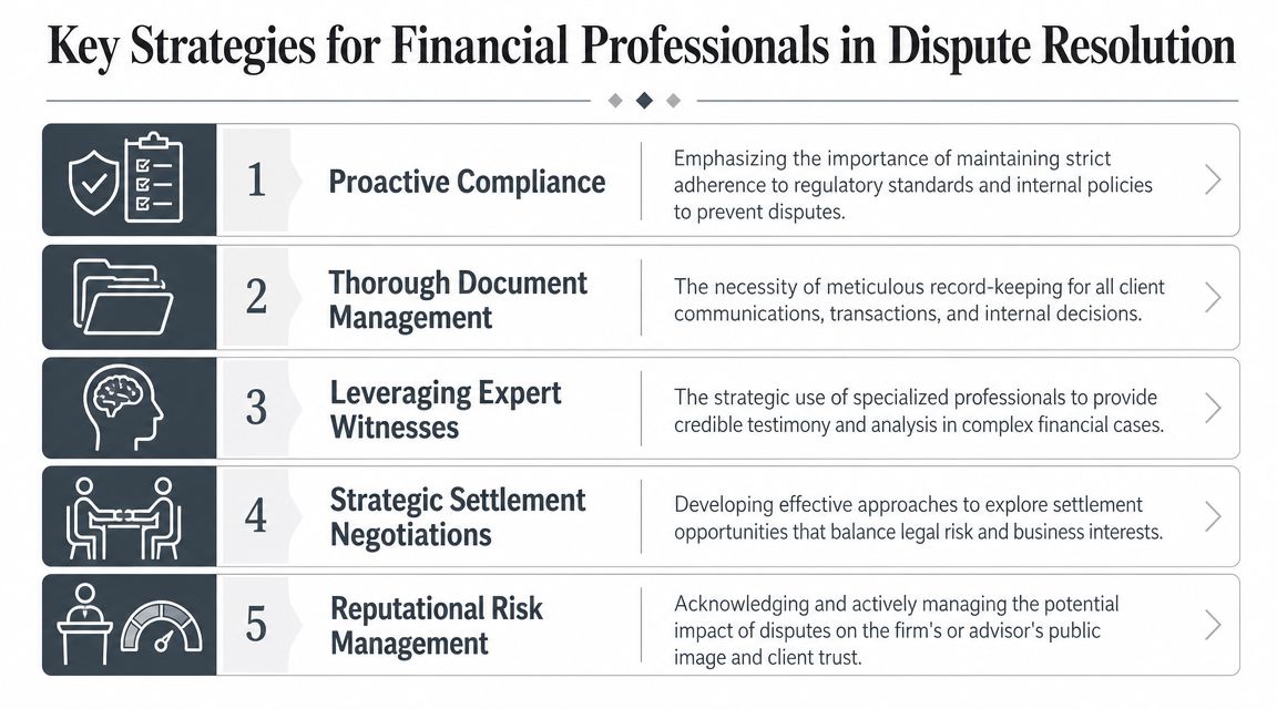 A list of five key strategies for financial professionals to manage and resolve business disputes effectively.
