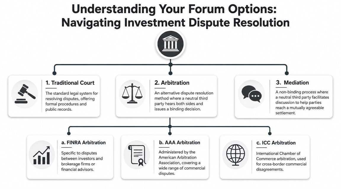 A flowchart explaining investment dispute resolution methods including traditional court, arbitration, and mediation with subtypes of arbitration.