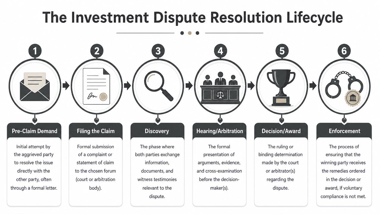 A six-step infographic detailing the investment dispute resolution lifecycle from initial demand to final enforcement.